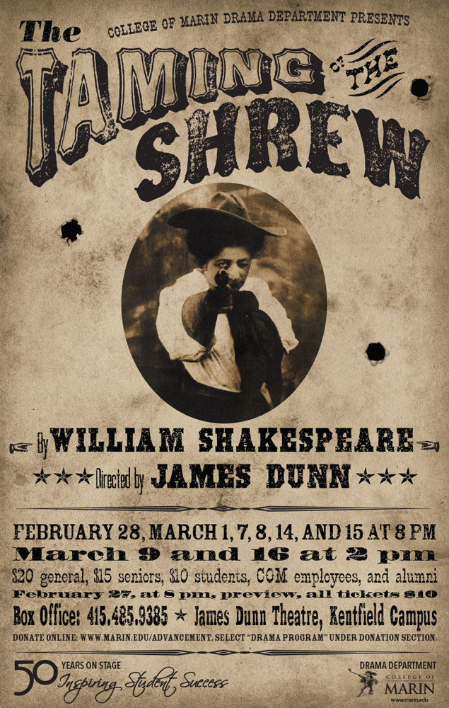 The Taming of the Shrew by William Shakespeare with western wood type and textured background